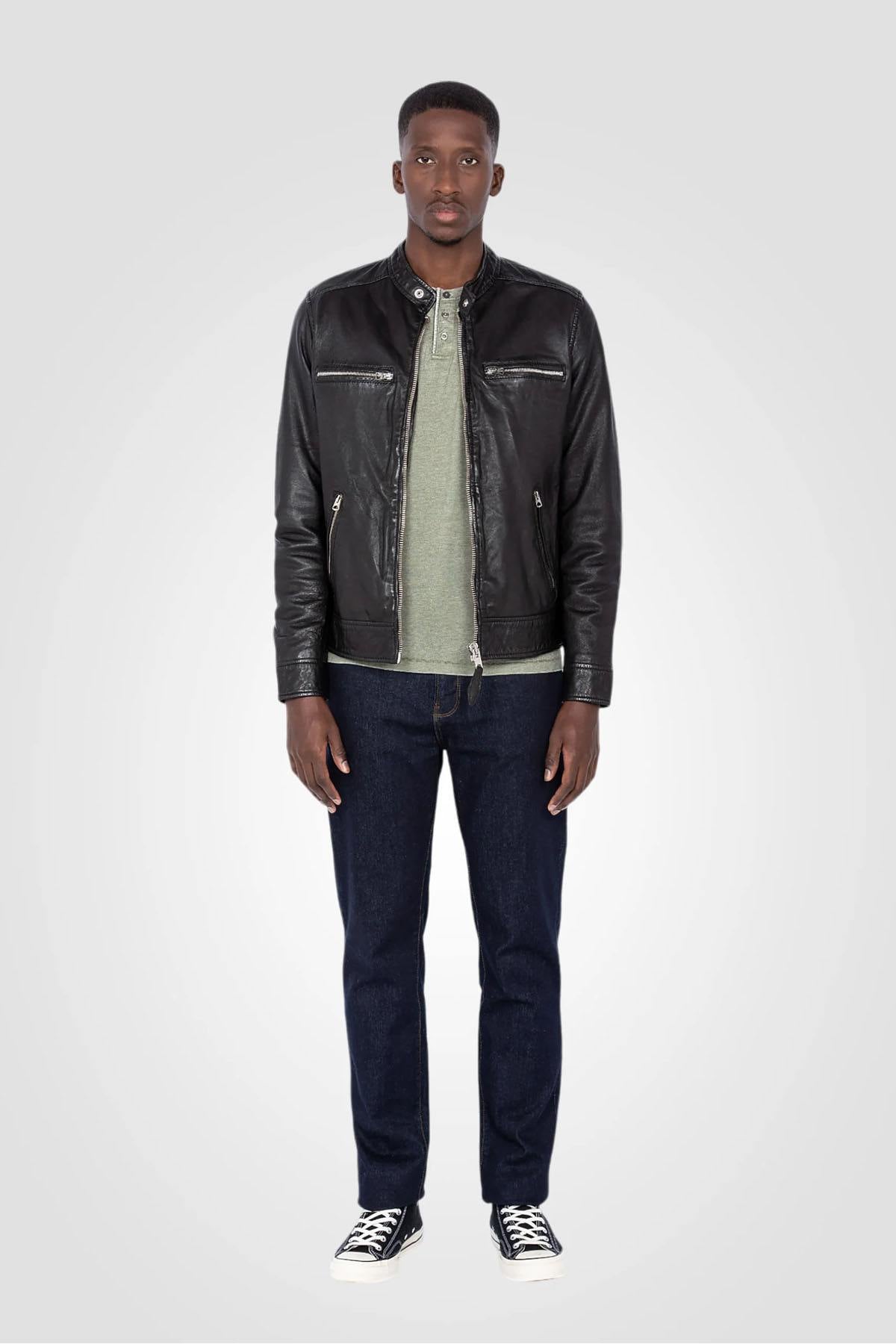 Black leather jacket with biker collar - Image n°4