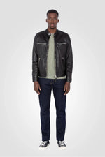 Black leather jacket with biker collar - Image n°4