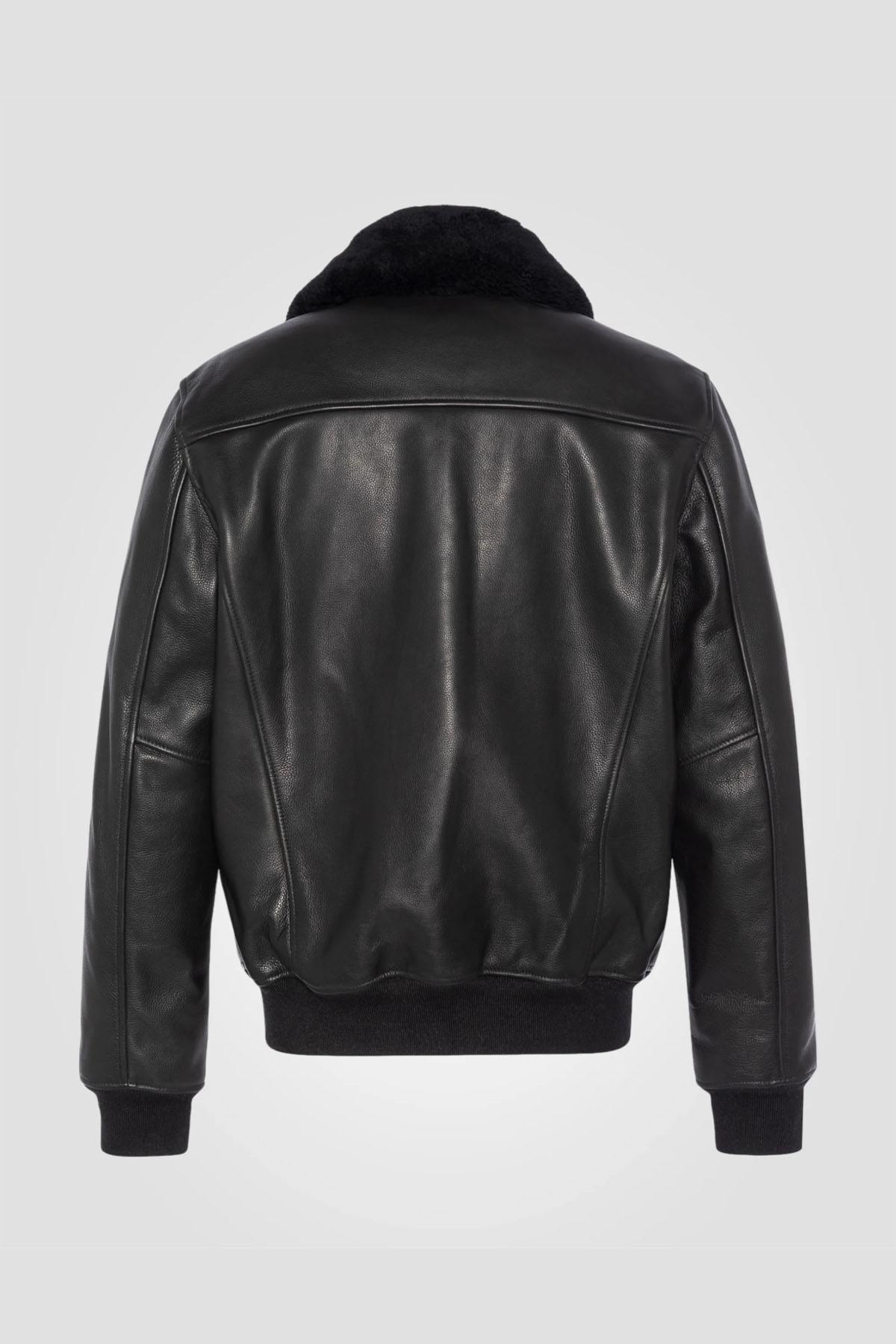 Black cowhide leather pilot jacket with removable sheepskin collar - Image n°3