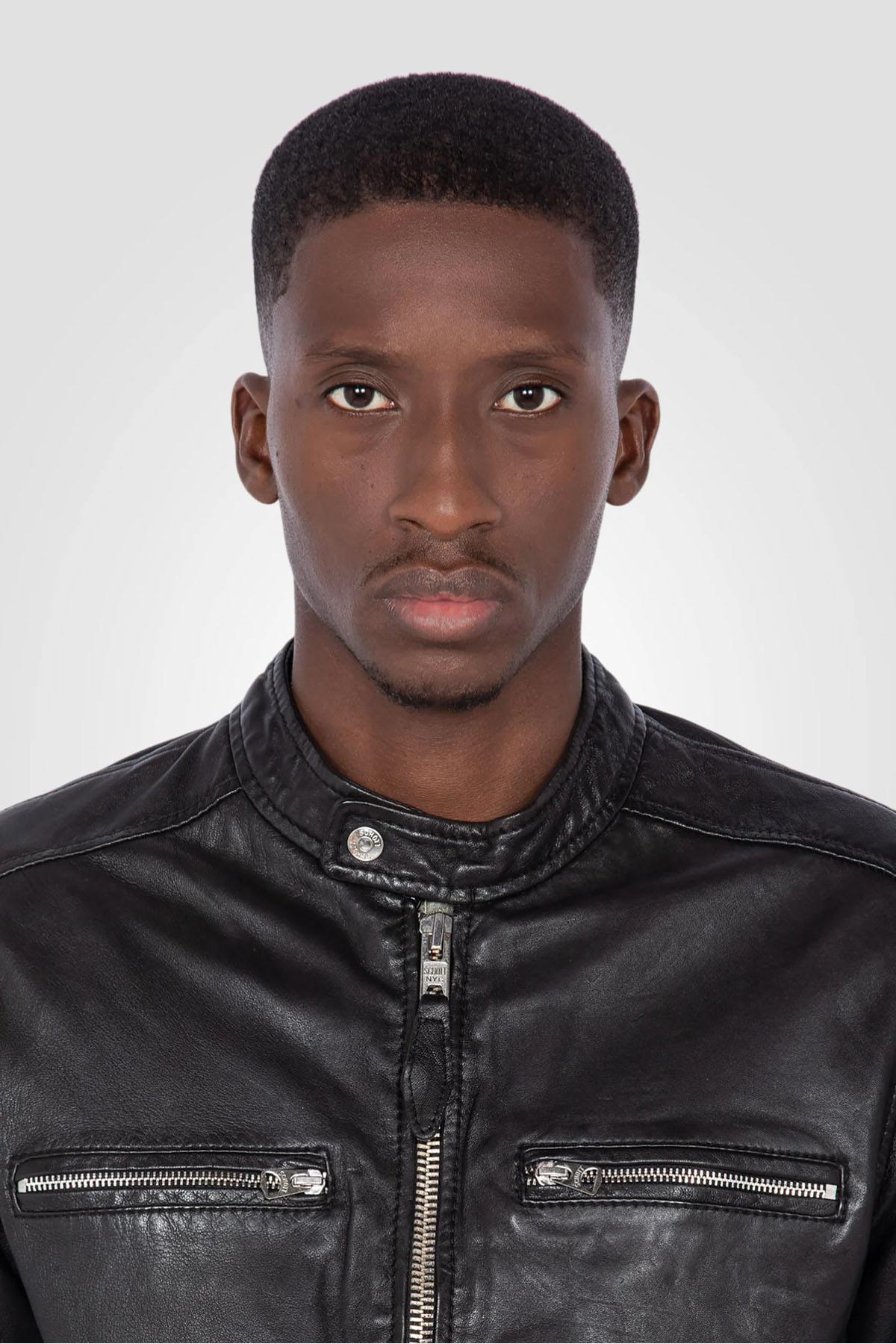 Black leather jacket with biker collar - Image n°5