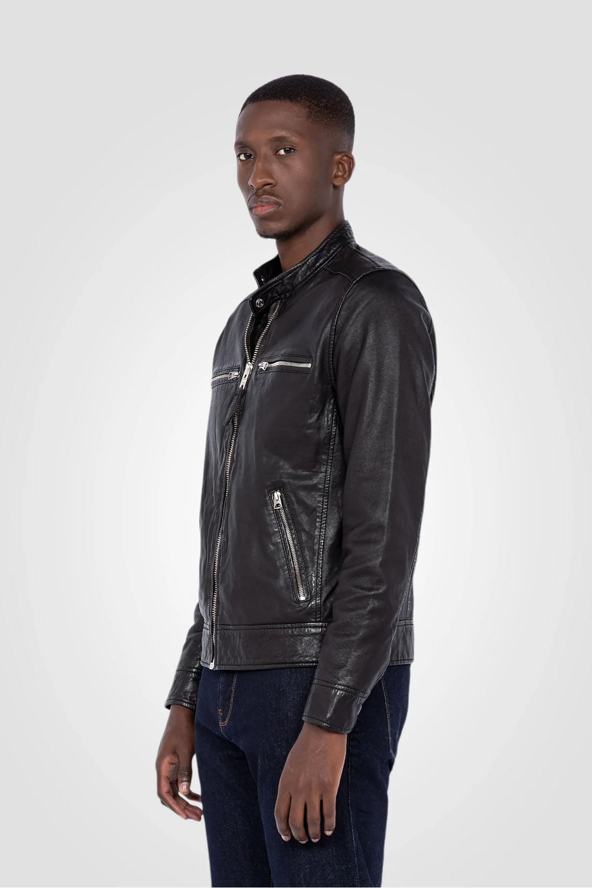 Black leather jacket with biker collar - Image n°6
