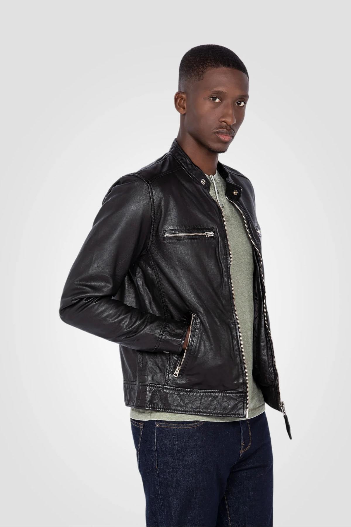 Black leather jacket with biker collar - Image n°7