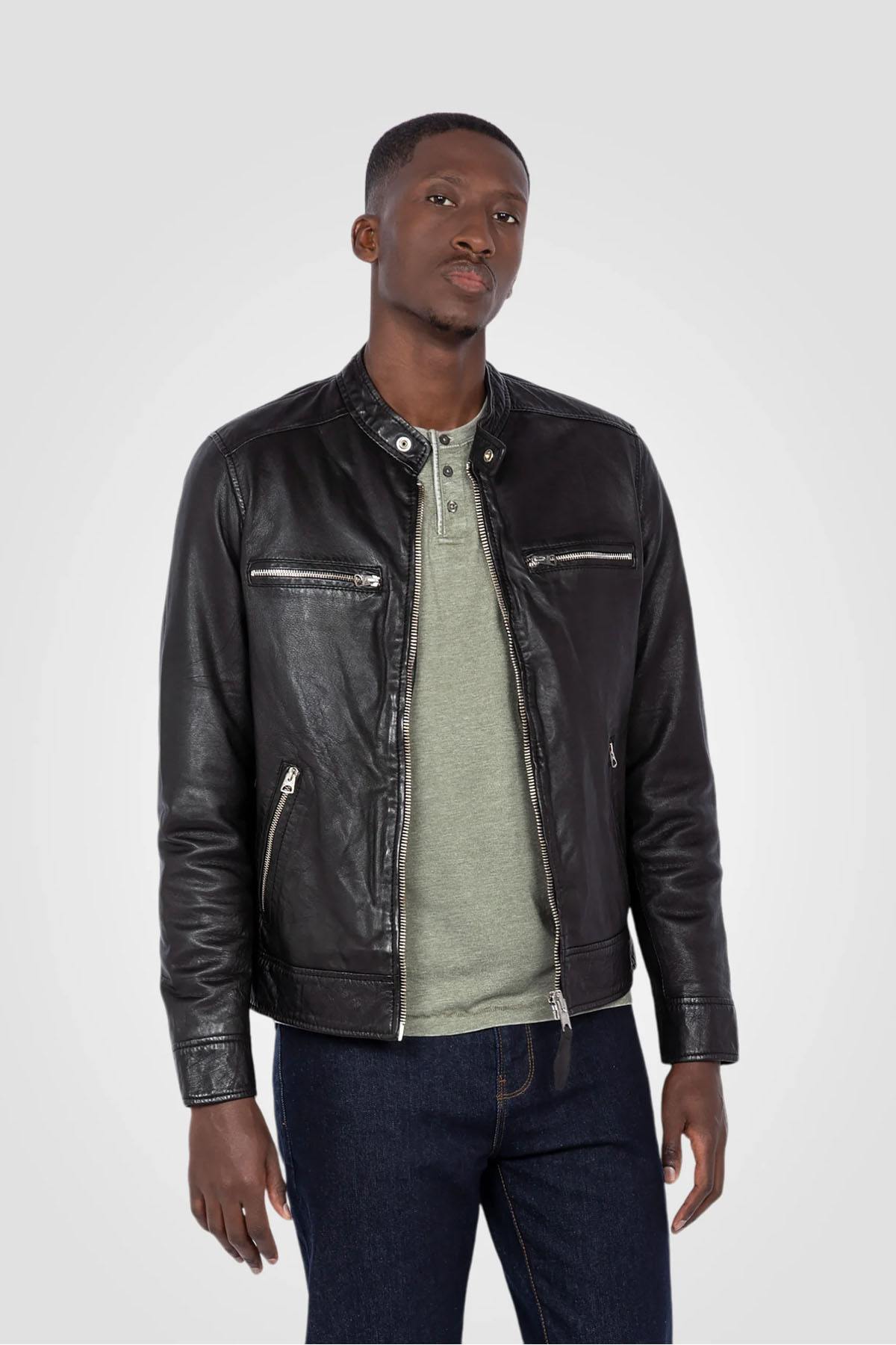Black leather jacket with biker collar - Image n°1