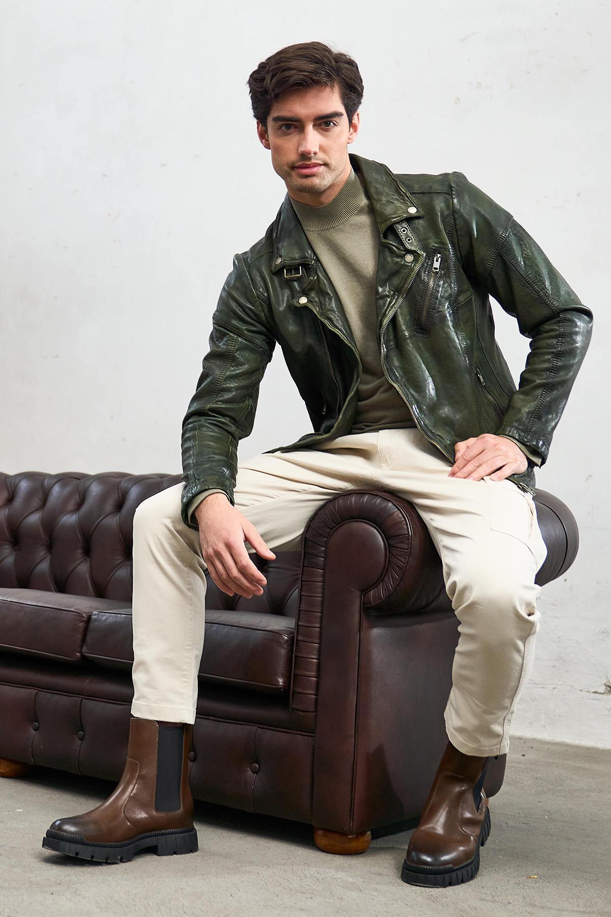 Lambskin biker jacket in Barbour green, aged for a vintage biker look. - Image n°1