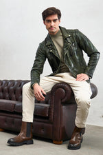 Lambskin biker jacket in Barbour green, aged for a vintage biker look. - Image n°1
