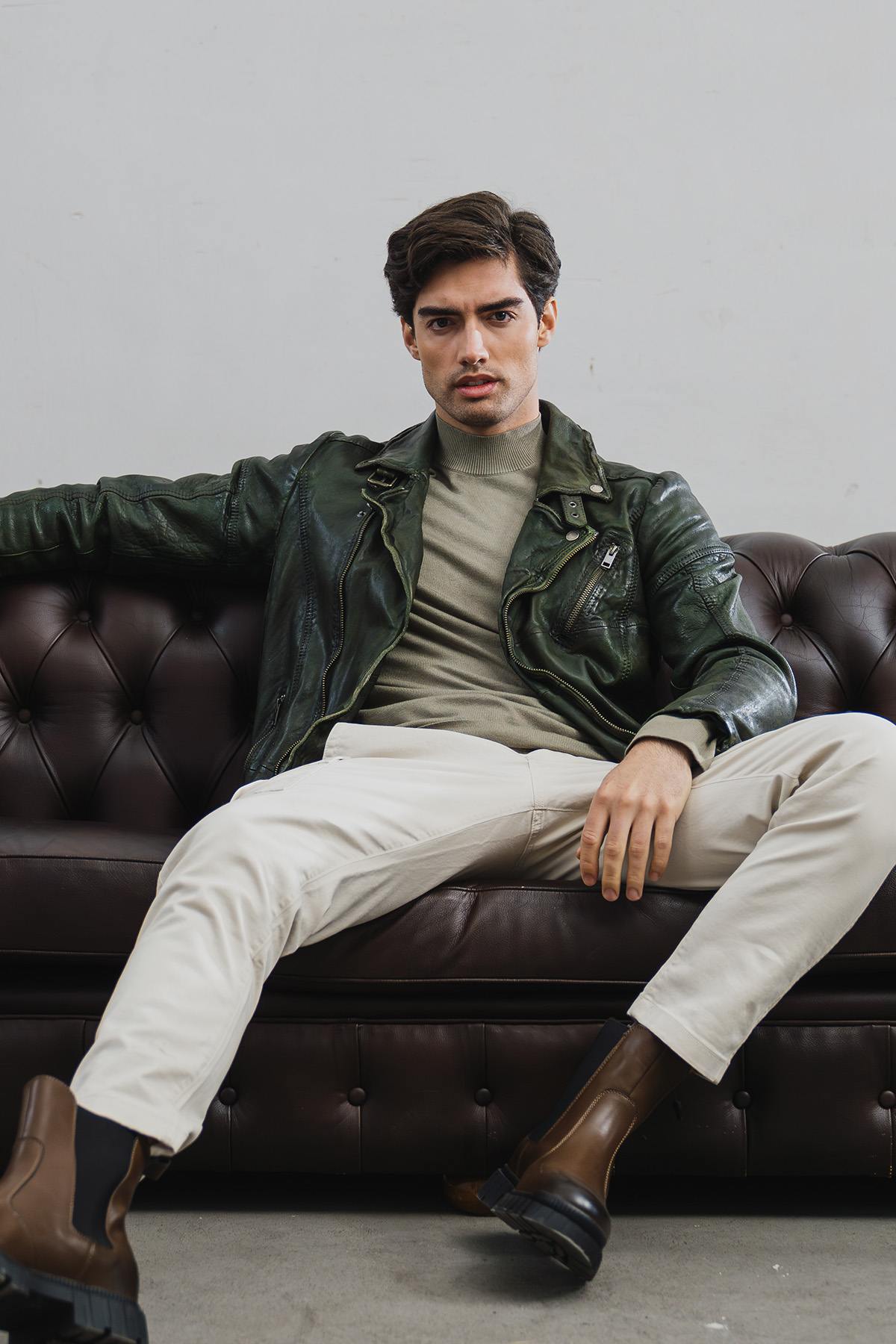 Men's green leather biker jacket - Image n°2