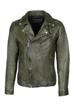 Lambskin biker jacket in Barbour green, aged for a vintage biker look. - Image n°3