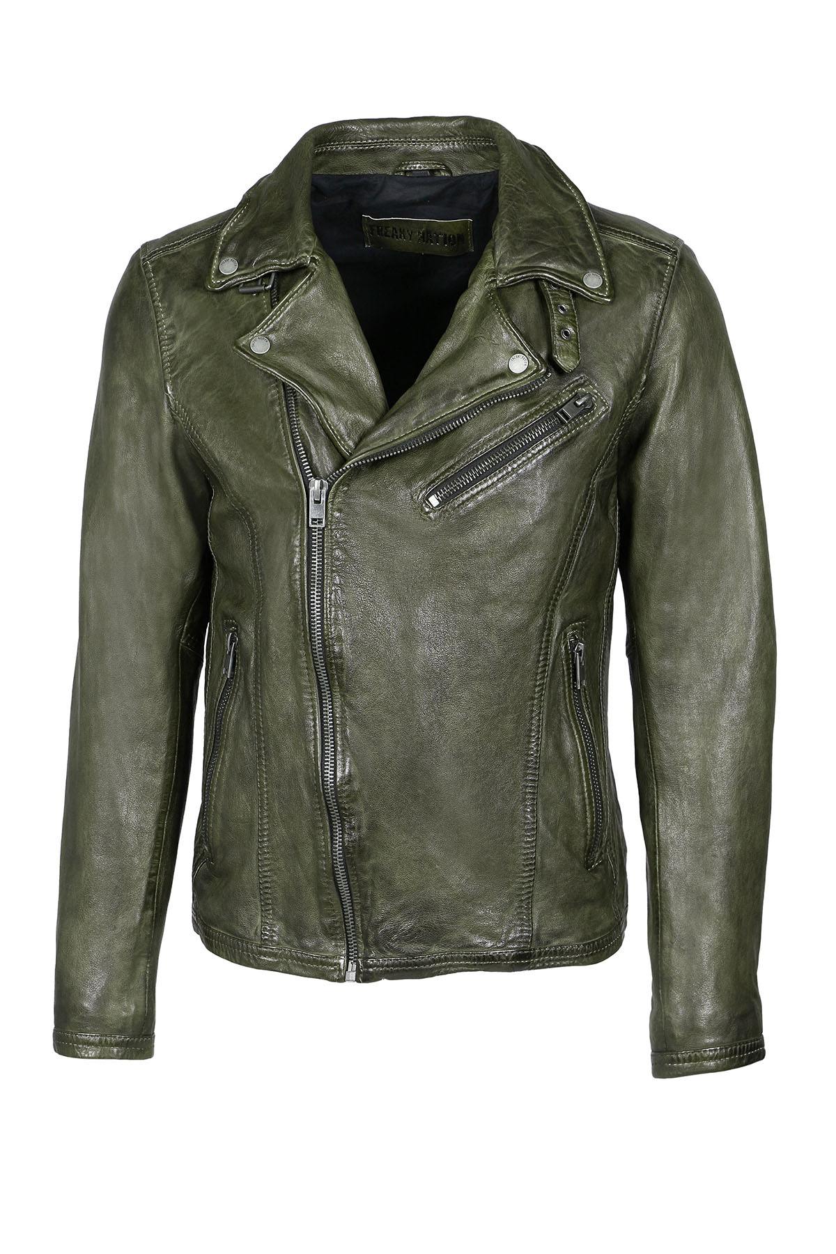 Lambskin biker jacket in Barbour green, aged for a vintage biker look. - Image n°3