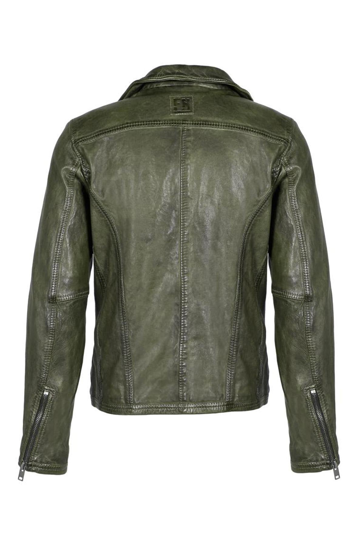 Lambskin biker jacket in Barbour green, aged for a vintage biker look. - Image n°4