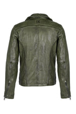 Lambskin biker jacket in Barbour green, aged for a vintage biker look. - Image n°4