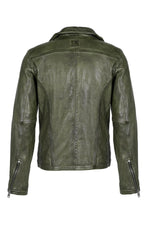 Lambskin biker jacket in Barbour green, aged for a vintage biker look. - Image n°4