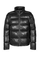 Black leather down jacket with removable sleeves and hood - Image n°4