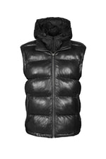 Black leather down jacket with removable sleeves and hood - Image n°6