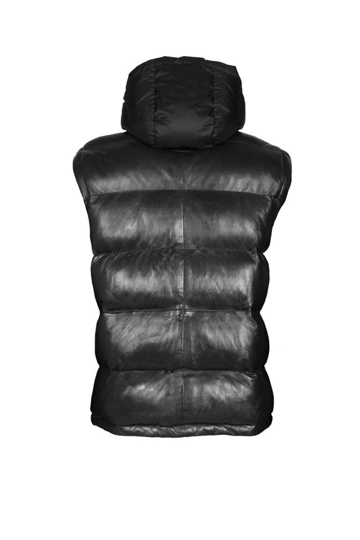 Black leather down jacket with removable sleeves and hood - Image n°7