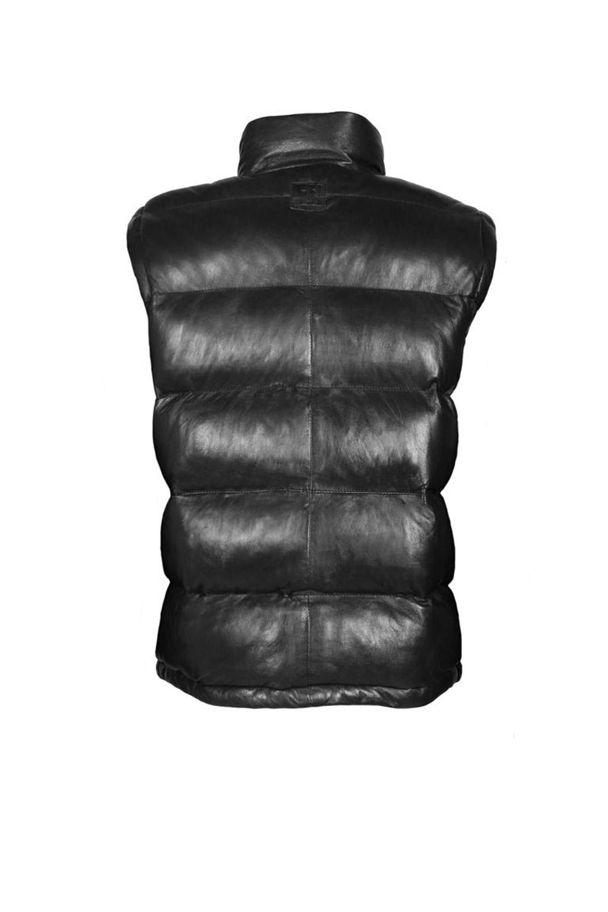 Black leather down jacket with removable sleeves and hood - Image n°9