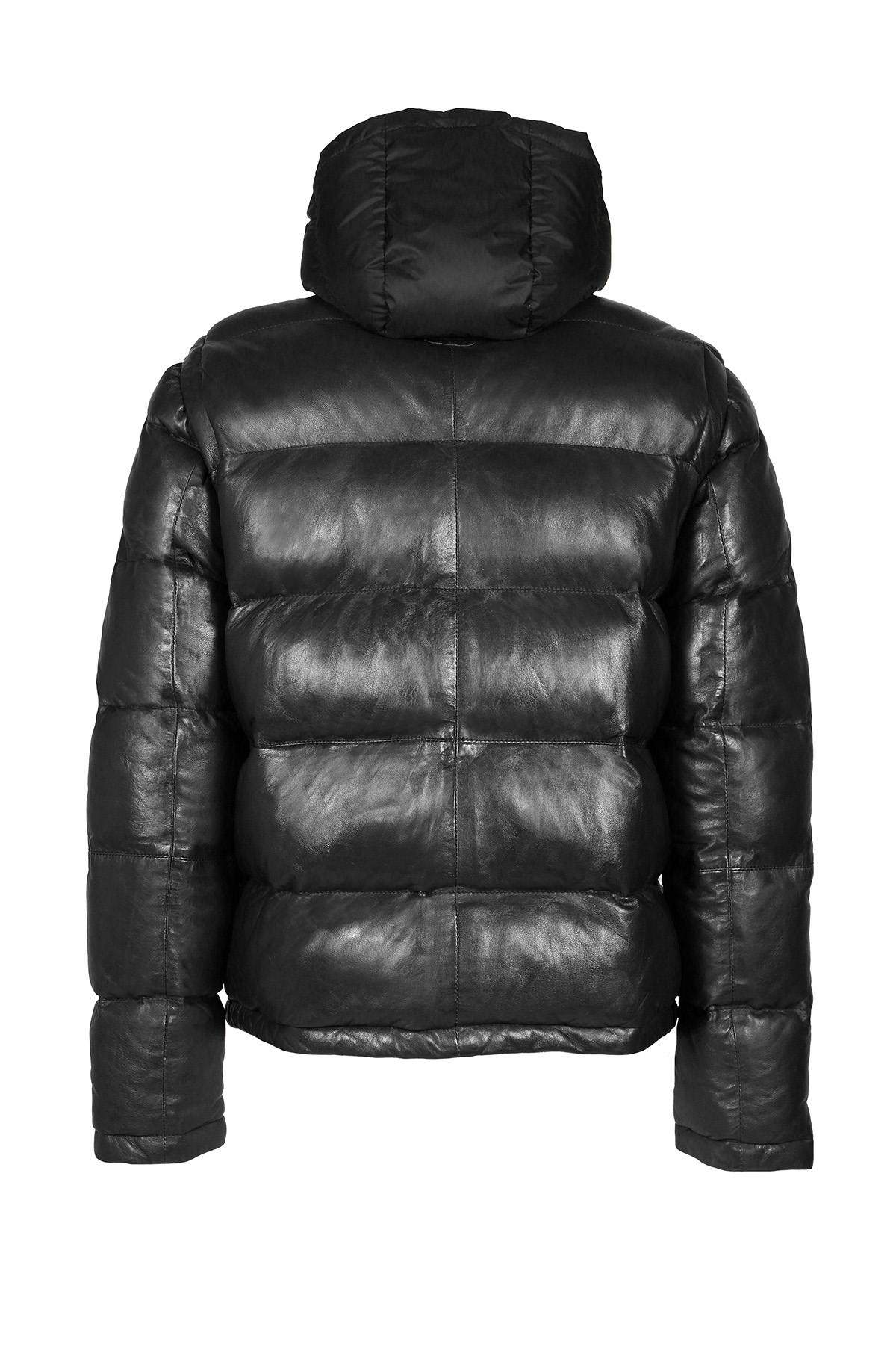 Black leather down jacket with removable sleeves and hood - Image n°3
