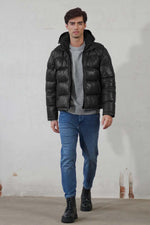 Black leather down jacket with removable sleeves and hood - Image n°1