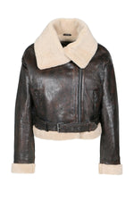 Dark brown leather cropped bomber jacket with faux fur - Image n°3