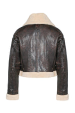 Dark brown leather cropped bomber jacket with faux fur - Image n°4