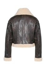 Dark brown leather cropped bomber jacket with faux fur - Image n°4