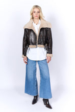 Dark brown leather cropped bomber jacket with faux fur - Image n°8