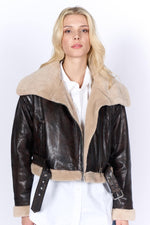 Dark brown leather cropped bomber jacket with faux fur - Image n°6