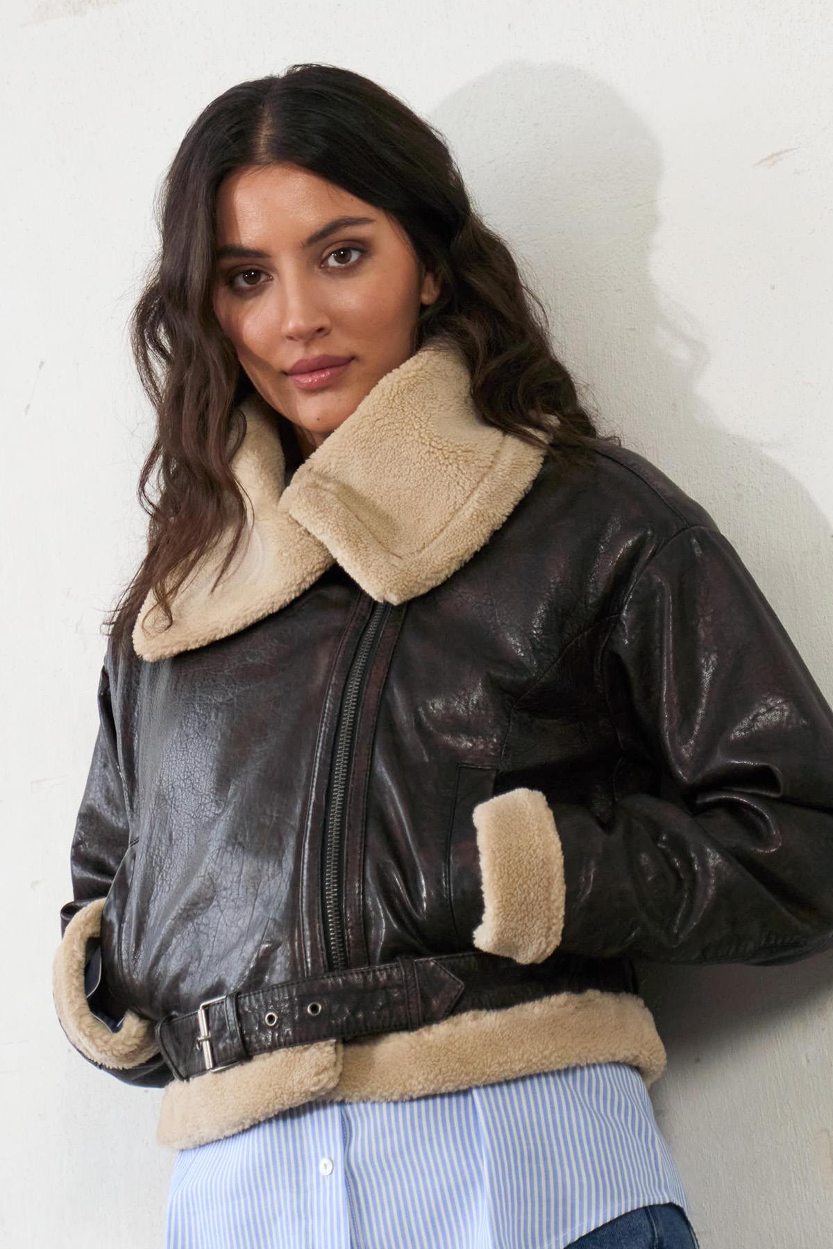Dark brown leather cropped bomber jacket with faux fur - Image n°1