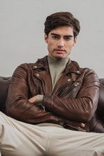 Asymmetrical brown leather biker jacket - Image n°1