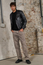 Black lambskin biker jacket by Freaky Nation. Asymmetric zip for edge. - Image n°2