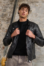 Black lambskin biker jacket by Freaky Nation. Asymmetric zip for edge. - Image n°1