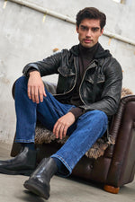 Distressed black leather jacket with cotton hood - Image n°1