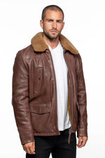 Brown leather aviator jacket with removable shearling collar. - Image n°5