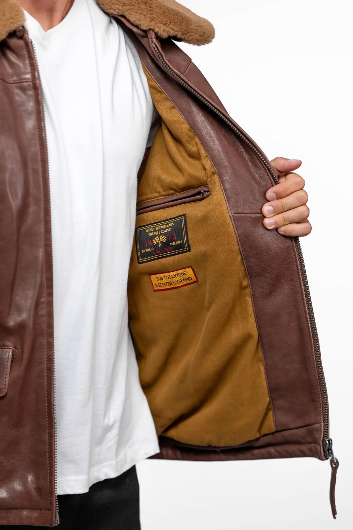 Mid-length brown leather bomber jacket - Image n°6