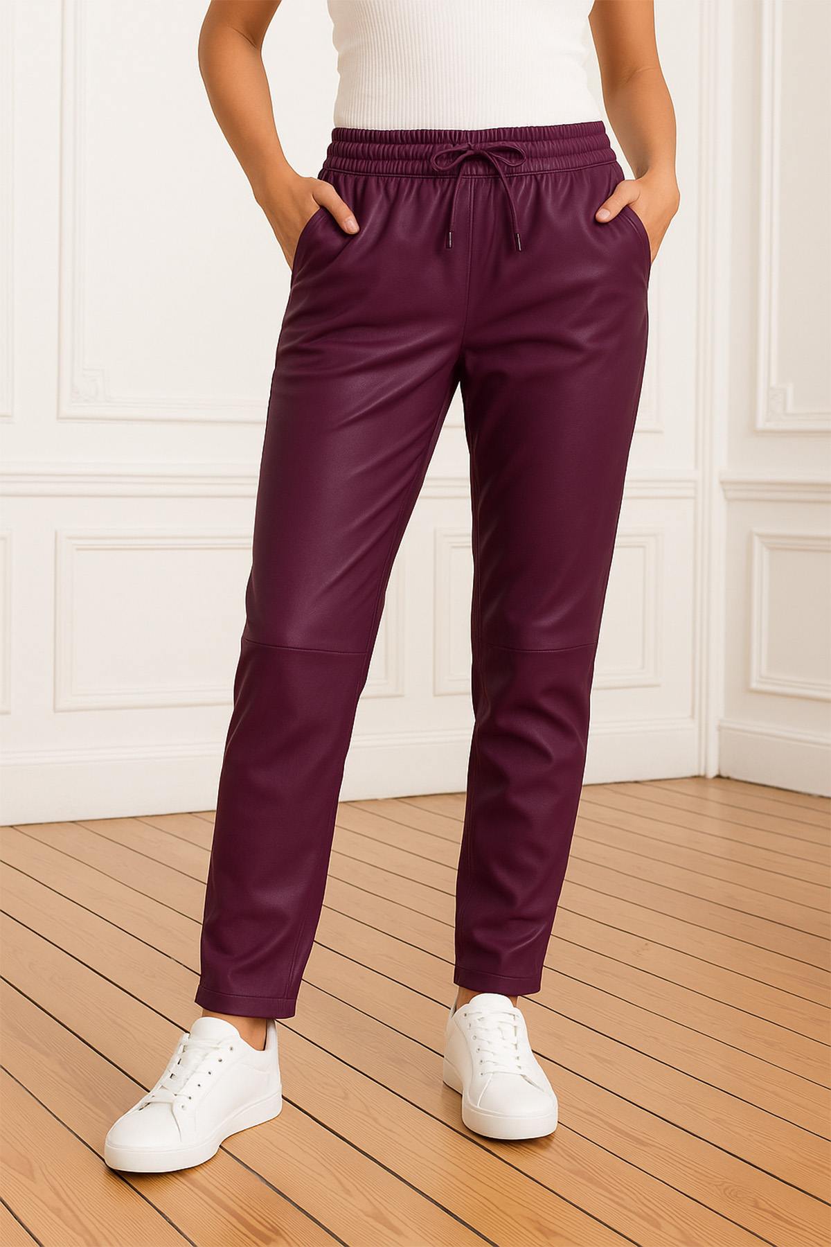 Comfortable plum-colored leather jogpants - Image n°2