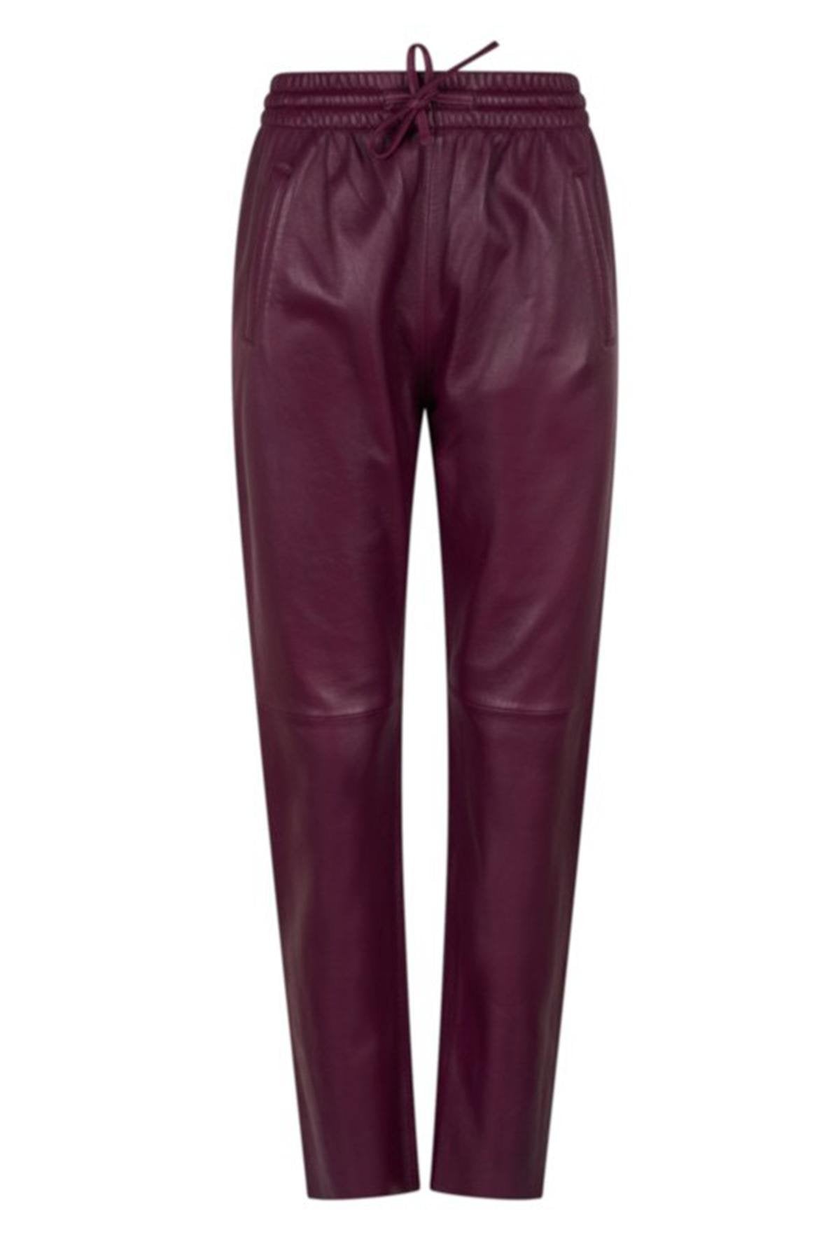Comfortable plum-colored leather jogpants - Image n°3