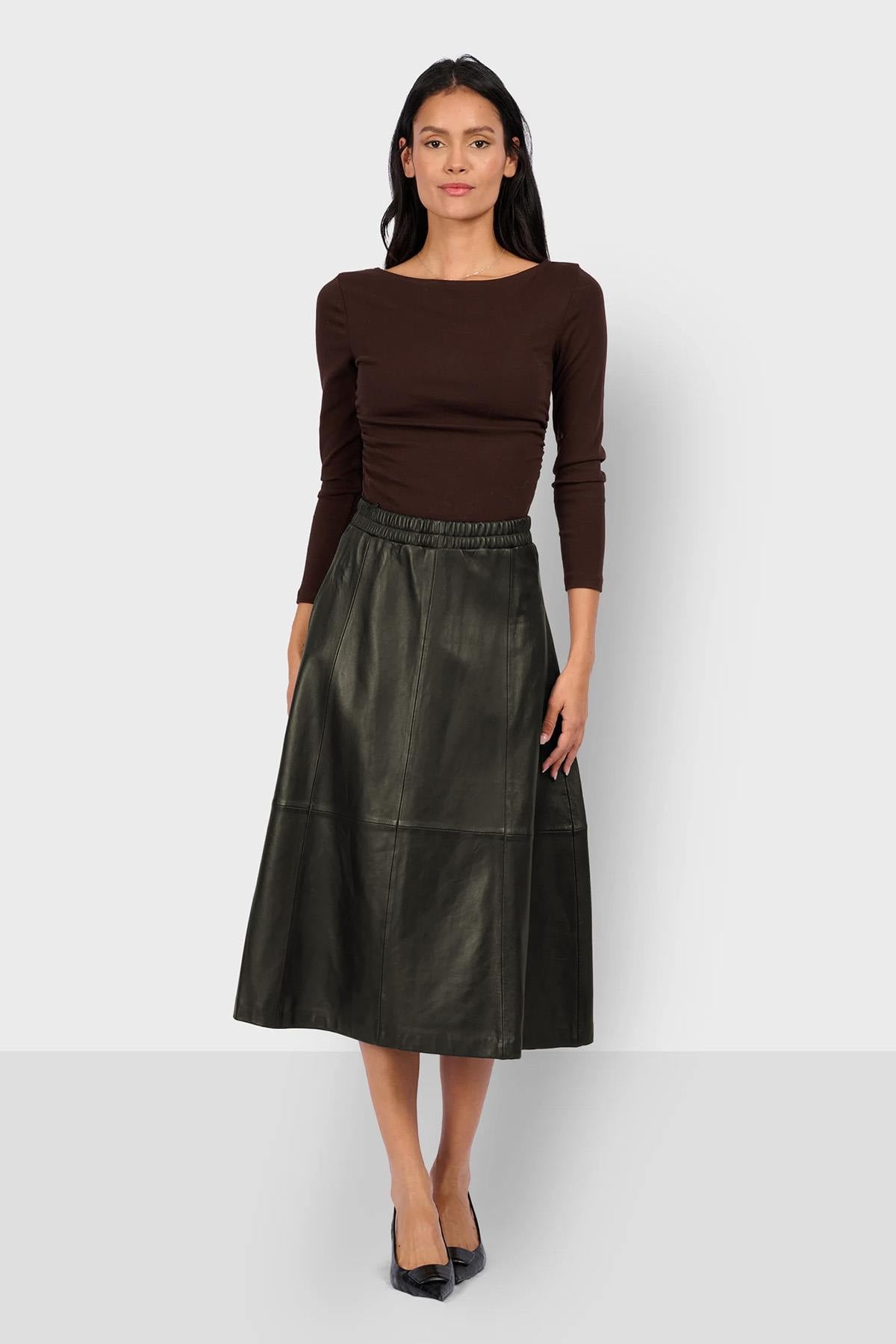 Dark khaki leather trapeze skirt - Image n°5