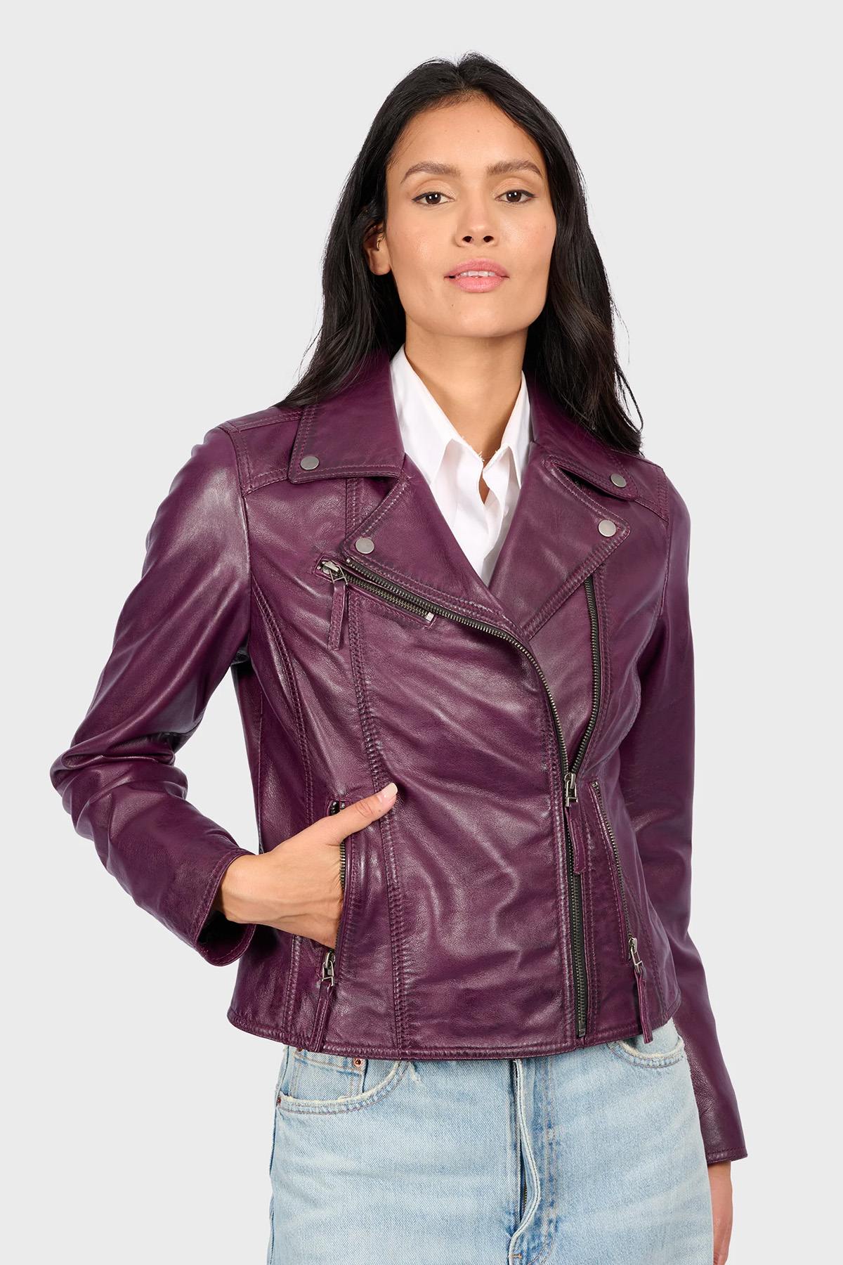 Slim-fit violet lambskin biker jacket, perfect for all seasons. - Image n°1