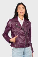 Slim-fit violet lambskin biker jacket, perfect for all seasons. - Image n°1