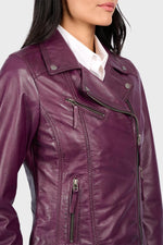 Slim-fit violet lambskin biker jacket, perfect for all seasons. - Image n°5