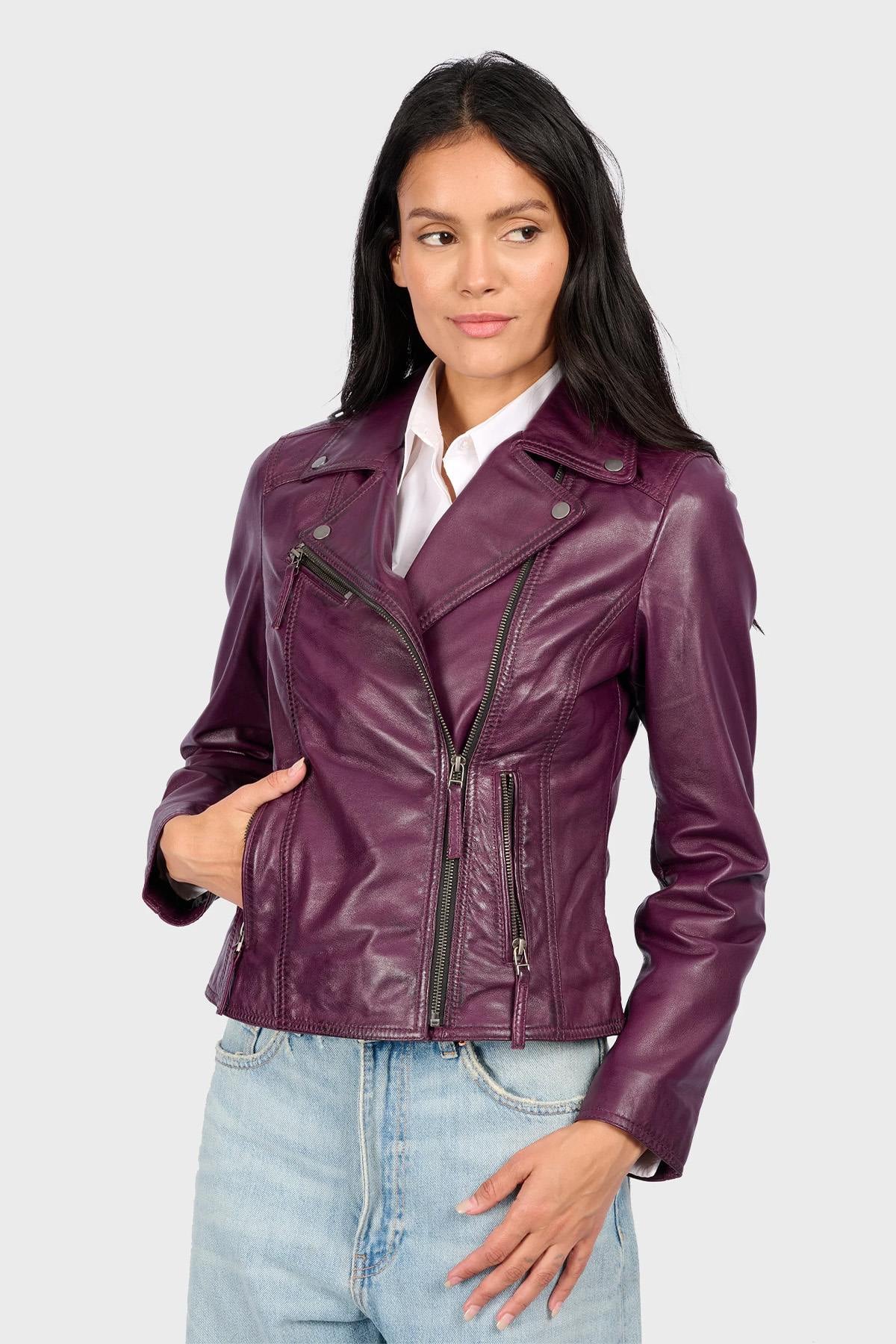 Slim-fit violet lambskin biker jacket, perfect for all seasons. - Image n°8