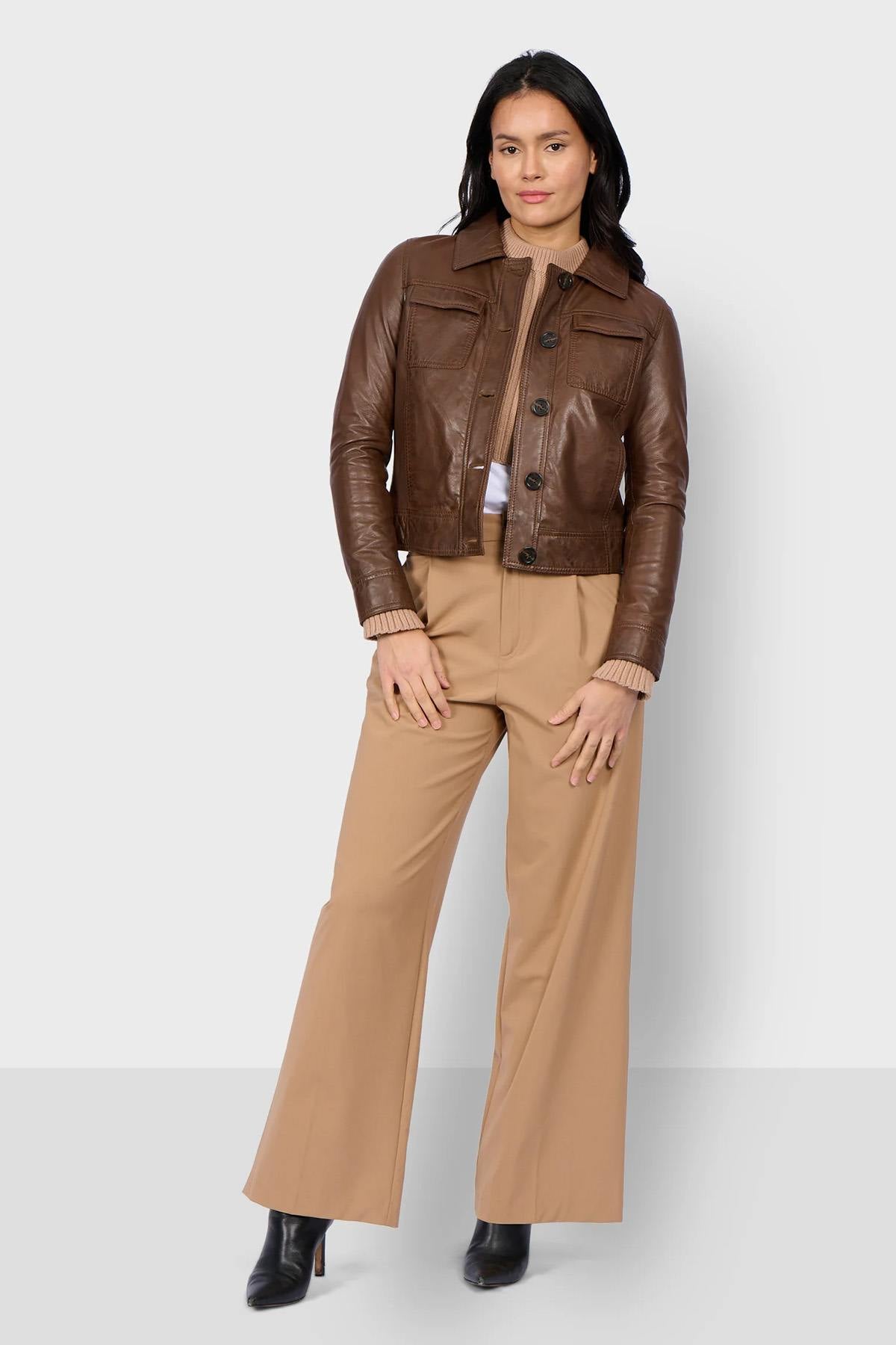 Cocoa-colored button-down leather jacket with shirt collar - Image n°2