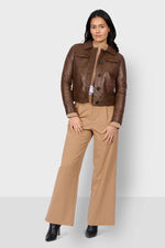 Cocoa-colored button-down leather jacket with shirt collar - Image n°2