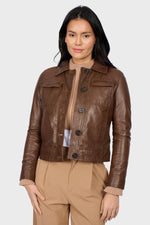 Cocoa-colored button-down leather jacket with shirt collar - Image n°1