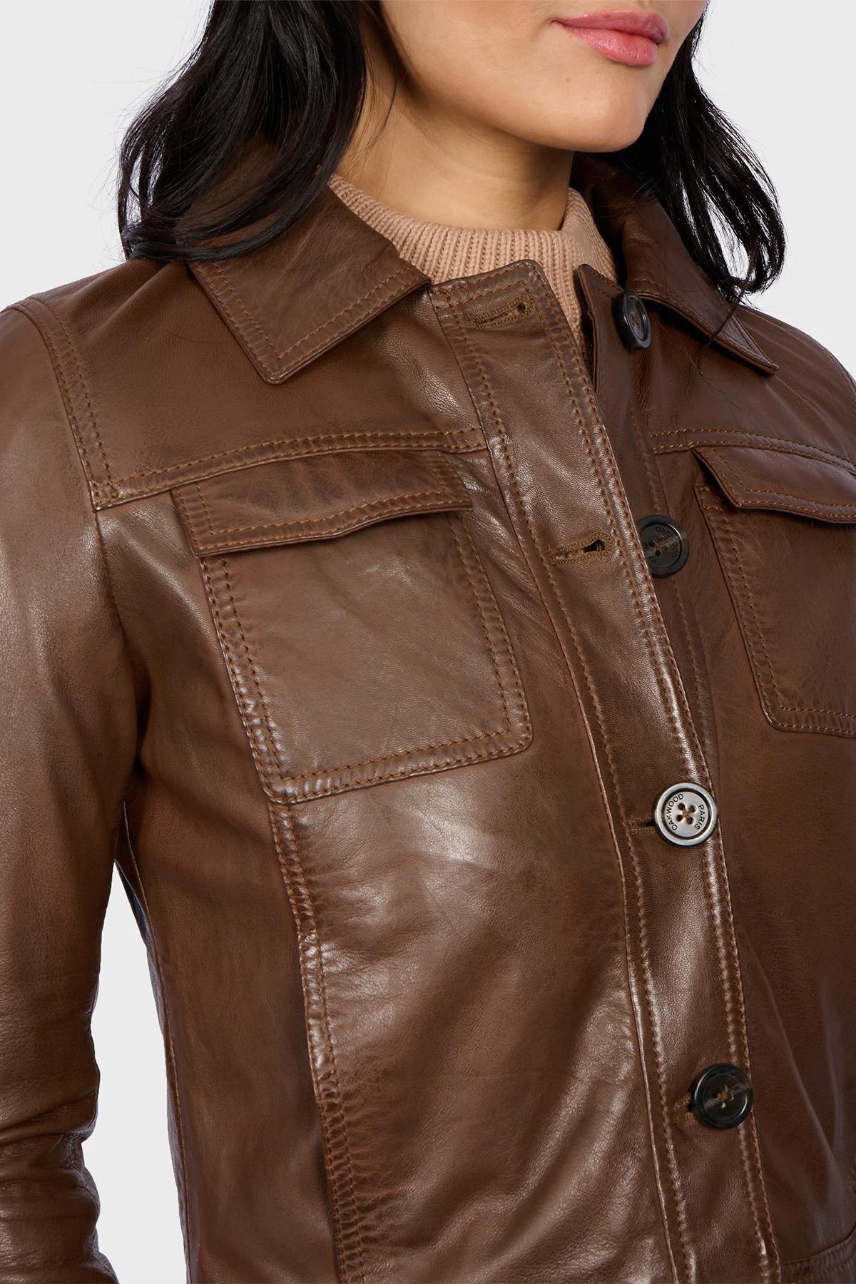 Cocoa-colored button-down leather jacket with shirt collar - Image n°4