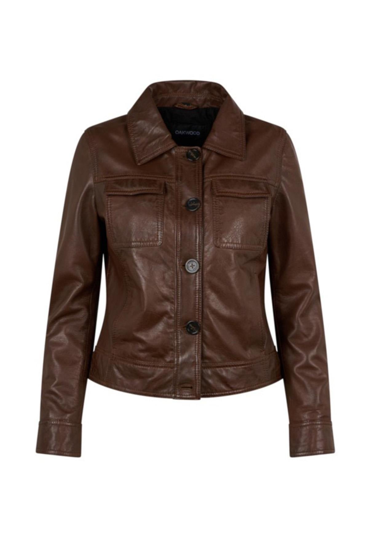 Cocoa-colored button-down leather jacket with shirt collar - Image n°5