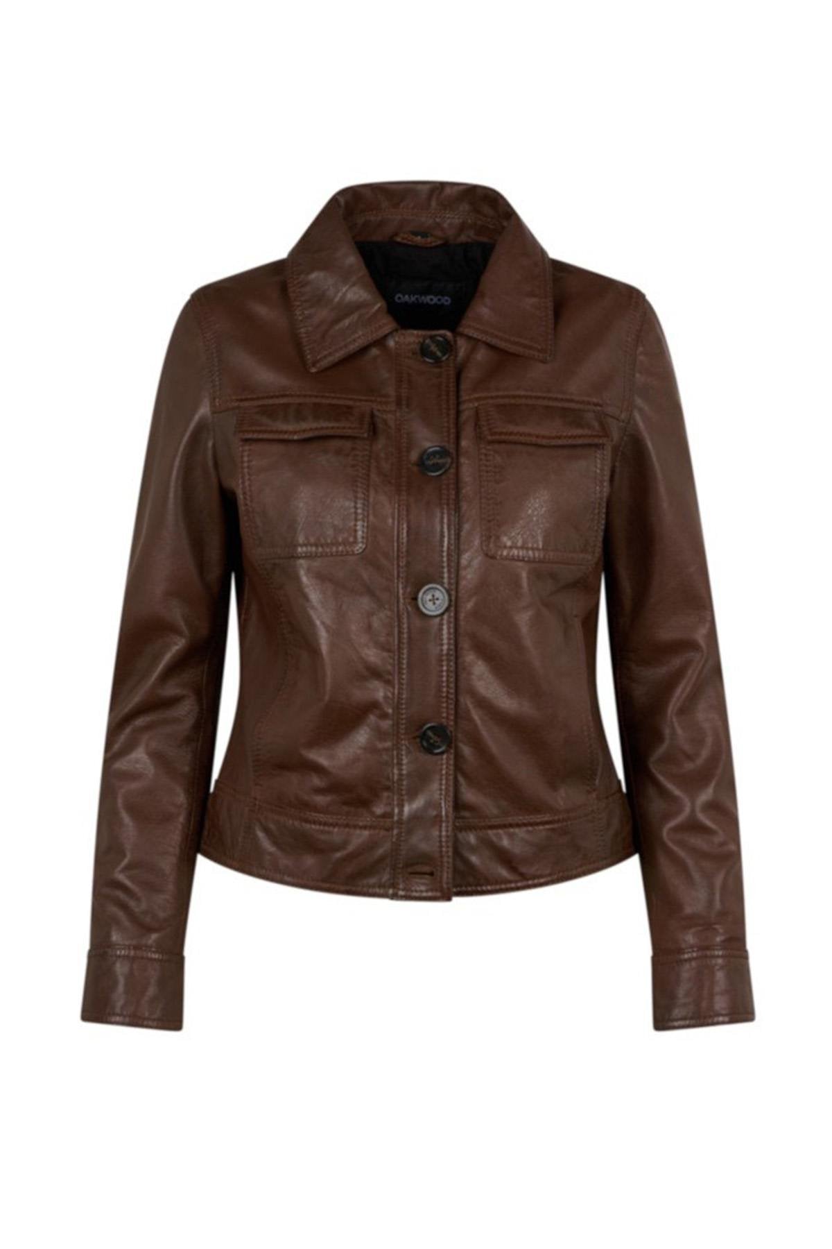 Cocoa-colored button-down leather jacket with shirt collar - Image n°5