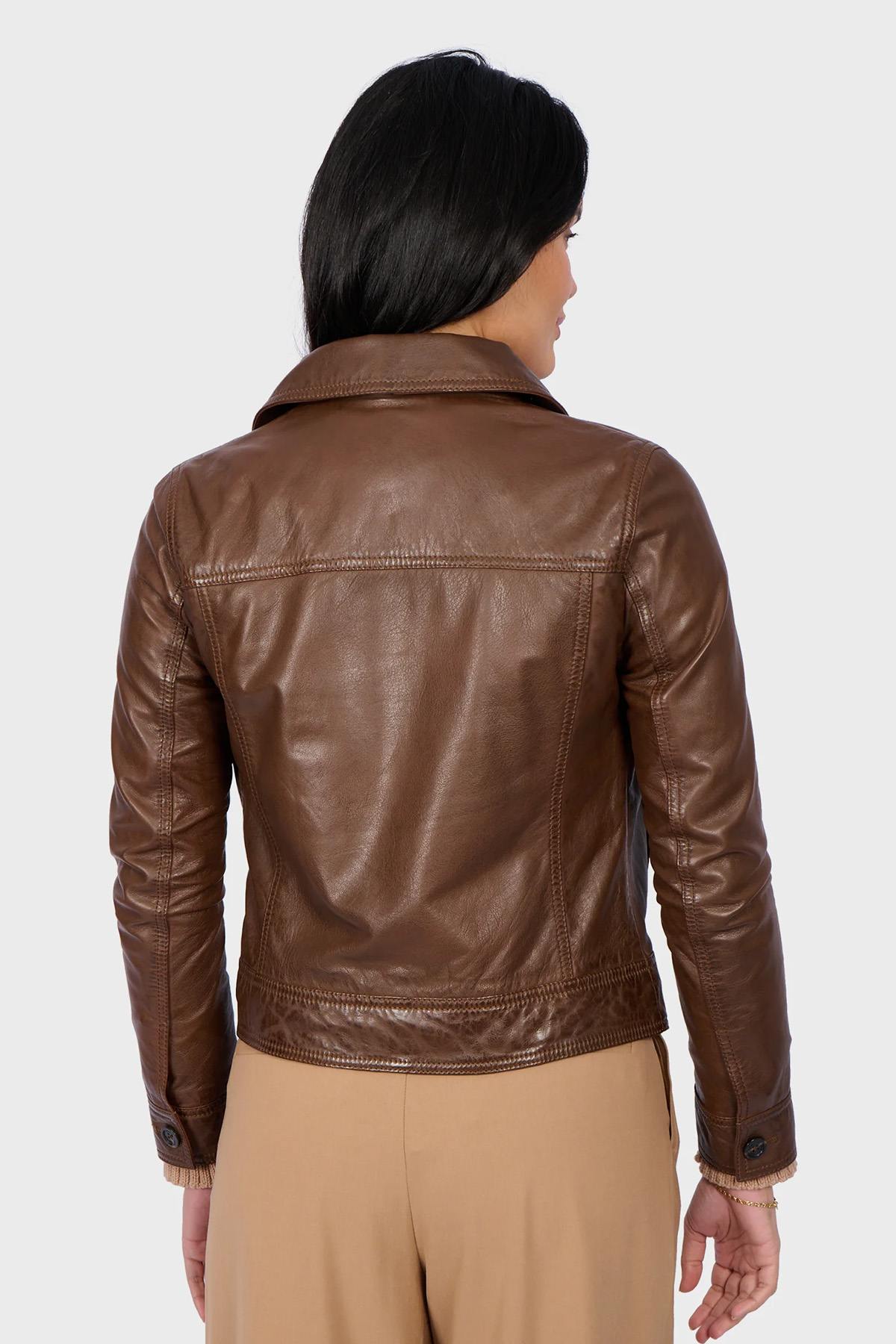 Cocoa-colored button-down leather jacket with shirt collar - Image n°3