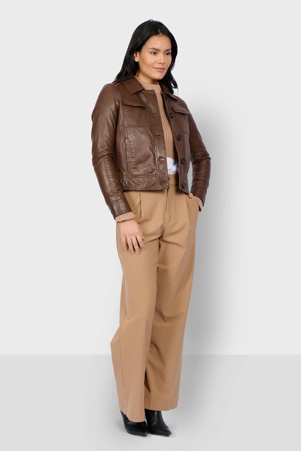 Cocoa-colored button-down leather jacket with shirt collar - Image n°6