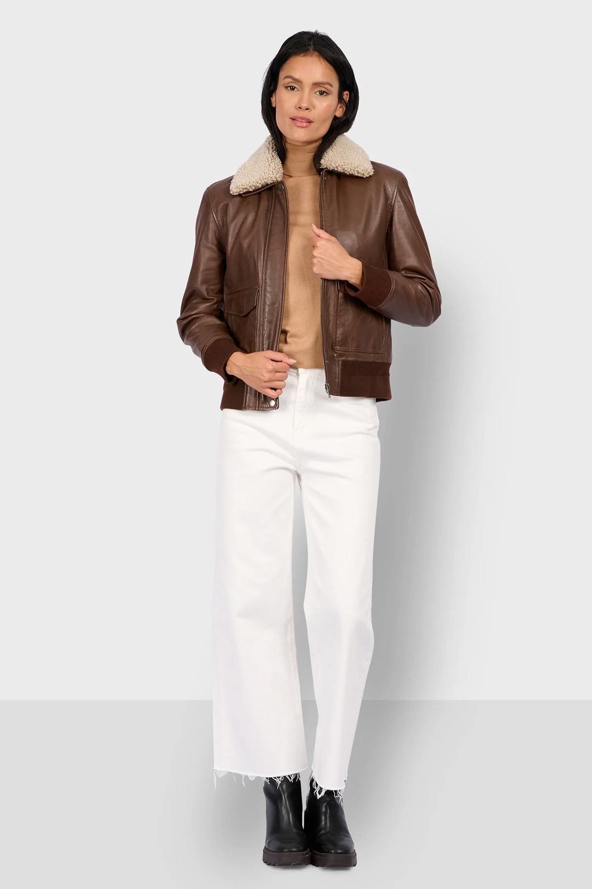 Women's Cocoa Brown Leather Bomber Jacket - Image n°2