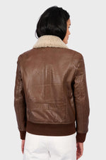 Women's Cocoa Brown Leather Bomber Jacket - Image n°5